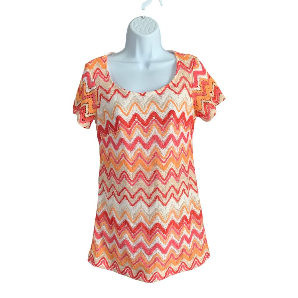 ECI New York Women's Top Blouse Crochet Lined Zip Closure Chevron Size Small